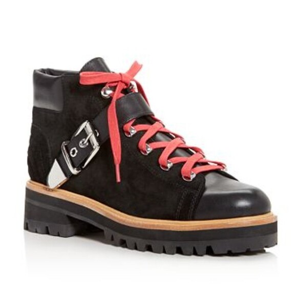 Marc Fisher Lace Up Low Heel Hiker Bootie Black Red 6.5 - Picture 1 of 6